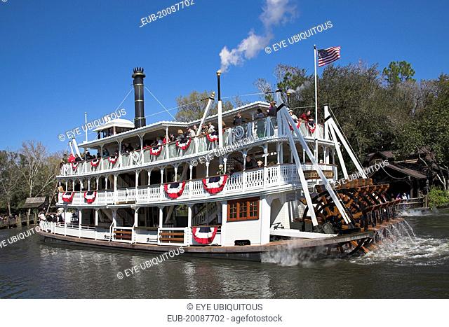 Walt Disney World Resort. Liberty Belle Paddle Steamer, Liberty Square Riverboat on a lake in the Magic Kingdom