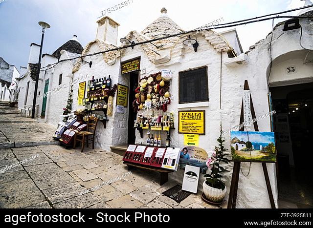 Shop in Alberobello, Rioni Monti District with trulli architecture. Metropolitan City of Bari, Puglia (Apulia), Italy