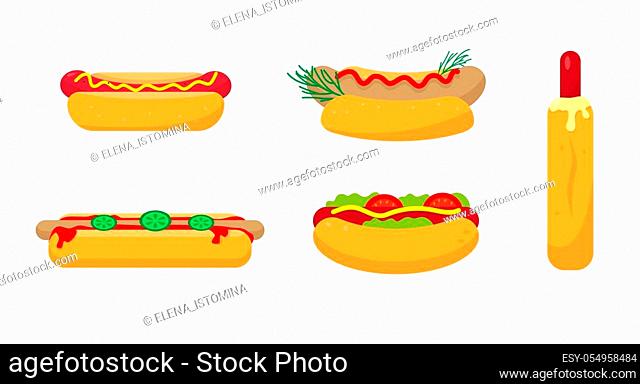 Set of hotdogs icons on white backround. Classic, french and munich sausages with ketchup, mustard and vegetables. Vector illustration