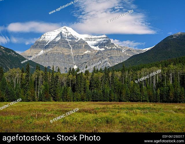 The snow capped peak of Mount Robson, the highest peak in the Canadian Rockies in Mt. Robson Provincial Park, British Columbia, Canada