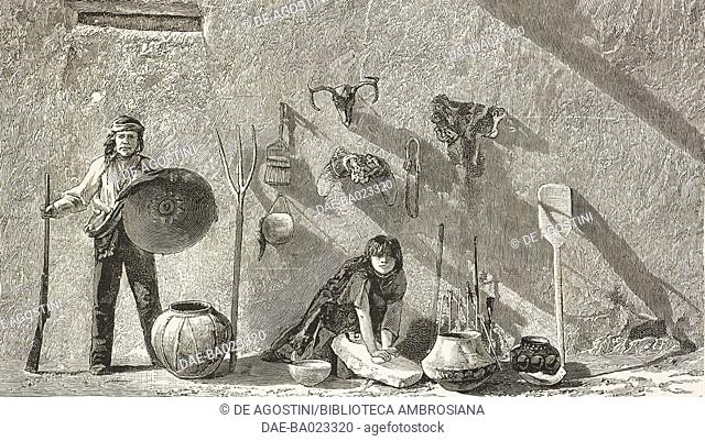 Indian family group, with a girl grinding corn, New Mexico and Colorado, United States of America, illustration from the magazine The Graphic, volume XXIX