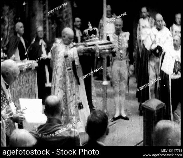 Male Archbishops Before the Altar in Westminster Abbey, With the Dean of Westminster Carrying The Royal Crown on a Cushion Past Assembled Male Peers and Male...