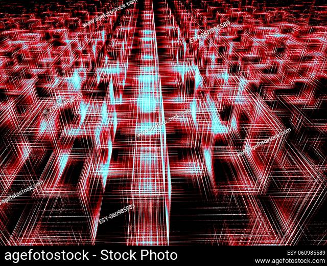 Abstract tech red background - computer-generated 3d illustration. Fractal geometry - glowing wire cubes. For banners, covers, web design