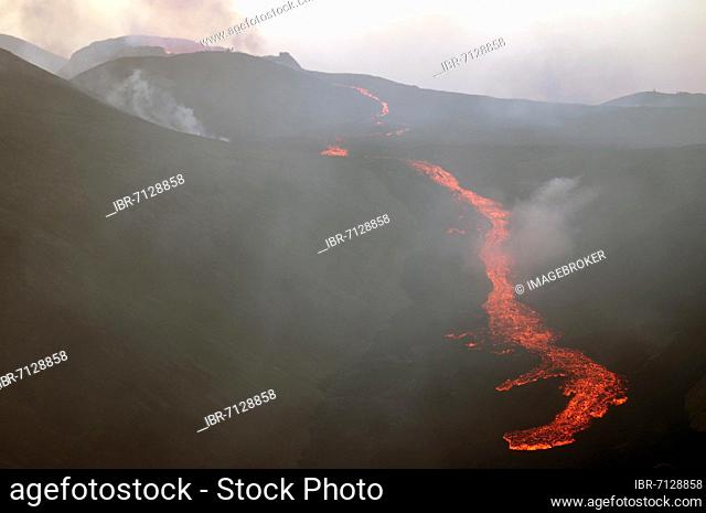 Volcano with lava, smoke and steam, Fagradalsfjall, Reykjanes, Grindavik, Iceland, Europe