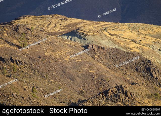 Hillside with green minerals in the Aldea de San Nicolas. Gran Canaria. Canary Islands. Spain