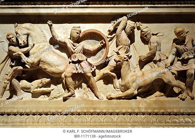 Alexander sarcophagus, relief with warriors fighting against the Persians, detail, Archeological Museum, Topkapi Palace, Istanbul, Turkey