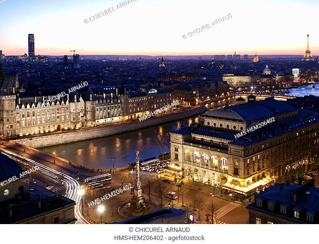 France, Paris, banks of the Seine river listed as World Heritage by UNESCO, the Conciergerie, Place and Theatre du Chateleton the right