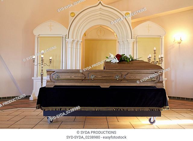 coffin at funeral in orthodox church