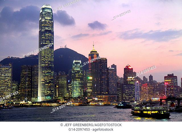 China, Hong Kong, Kowloon, Tsim Sha Tsui, Kowloon Public Pier, view, Victoria Harbour, harbor, Island, city skyline, high rise skyscrapers, buildings
