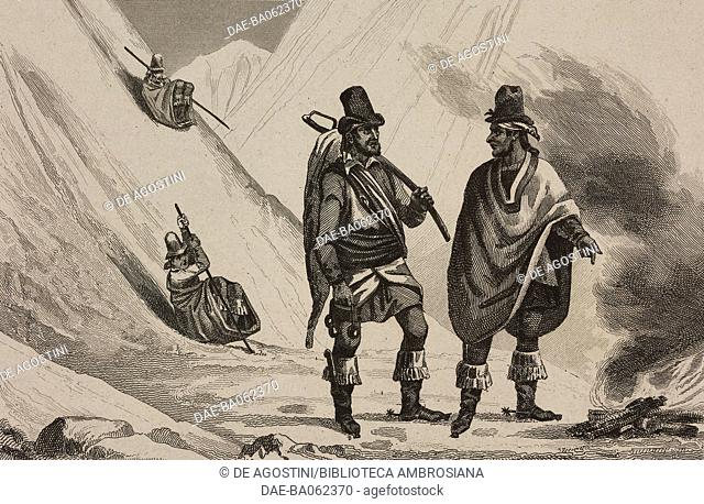 Men wearing traditional clothes descending from a mountain range, Chile, engraving by Vernier from Chili, Paraguay, Buenos-Ayres, by Cesar Famin, Patagonia