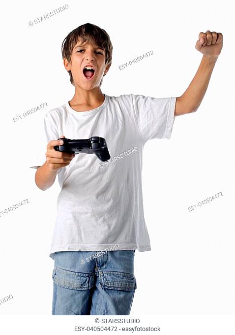 happy child with joystick playing videogames isolated on white