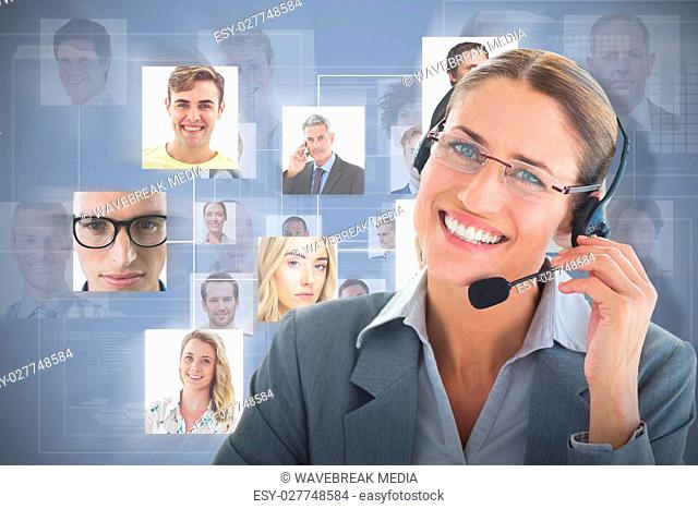 Composite image of portrait of a call center executive wearing headset