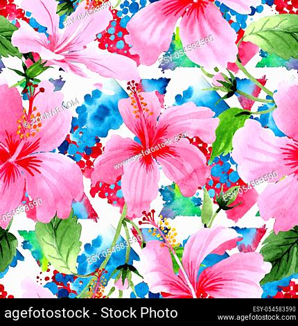 Wildflower hibiscus pink flower pattern in a watercolor style. Full name of the plant: hibiscus. Aquarelle wild flower for background, texture, wrapper pattern