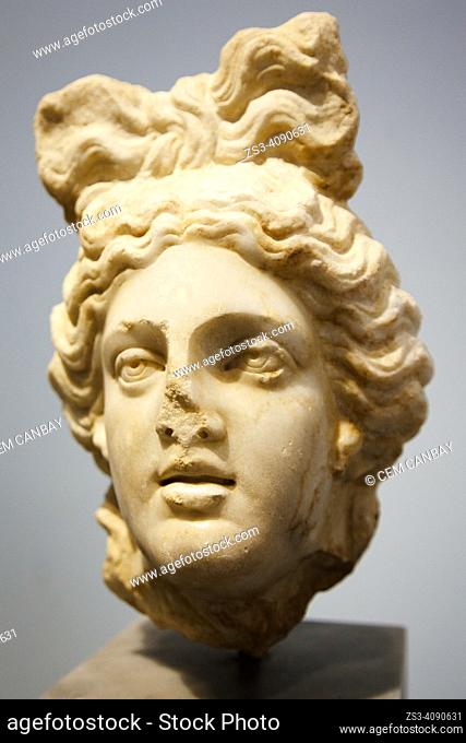 Head Of Apollo or Goddess in Aphrodisias Ancient City Museum inside the Aphrodisias Archaeological Site, a sanctuary dedicated to the goddess Aphrodite, Geyre