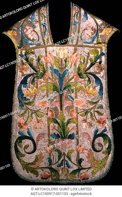 Chasuble, 18th century, Italy, Silk, plain weave, embroidered with silk floss, silk-wrapped linen, and gilt-metal-strip-wrapped silk in satin stitch, couching