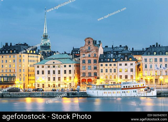 Scenic View Of Embankment In Old Part Of Stockholm At Summer Evening, Sweden. Time After Sunset. Dusk