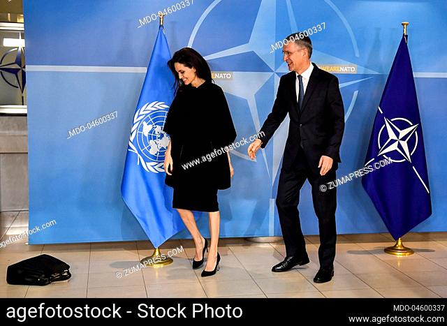 January 31, 2018 - Brussels, Belgium - UNHCR Special Envoy Angelina Jolie and NATO Secretary General Jens Stoltenberg pictured during a meeting between...
