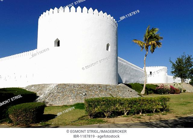 Historic adobe structure Sohar Fort or Castle, Batinah Region, Sultanate of Oman, Arabia, Middle East