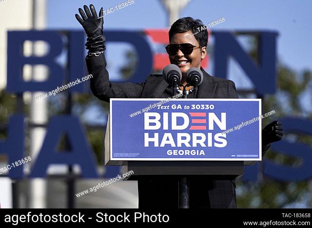 Mayor Keisha Lance Bottoms adresses drive-in rally on election eve to get out the vote for Joe Biden, Jon Ossoff and Raphael Warnock on November 2