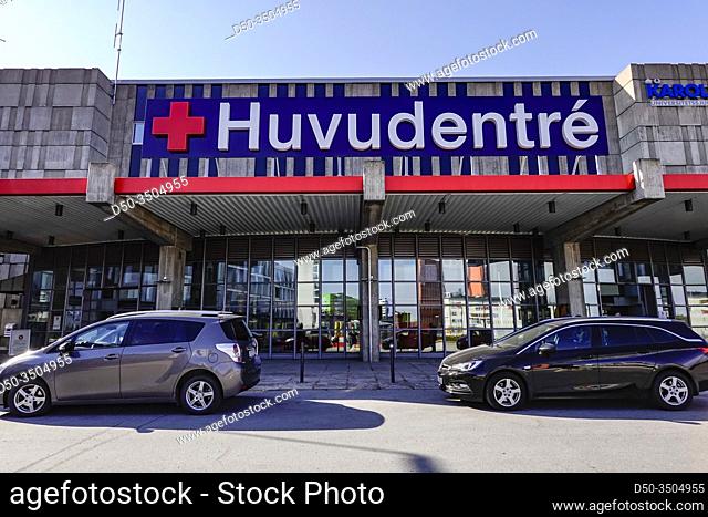 Stockholm, Sweden March 27, 2020 The main entrance to the Huddinge hospital. Sign says Main Entrance in Swedish