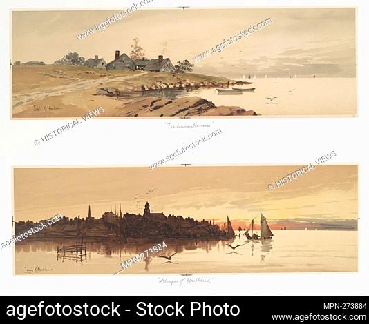 Fisherman's Houses; Glimpses of Marblehead. [Prints depicting houses along the shore, sailboats, birds flying; silhouettes of buildings at dusk, Marblehead