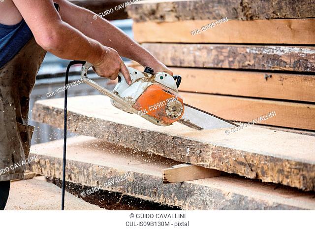 Carpenter sawing wooden plank