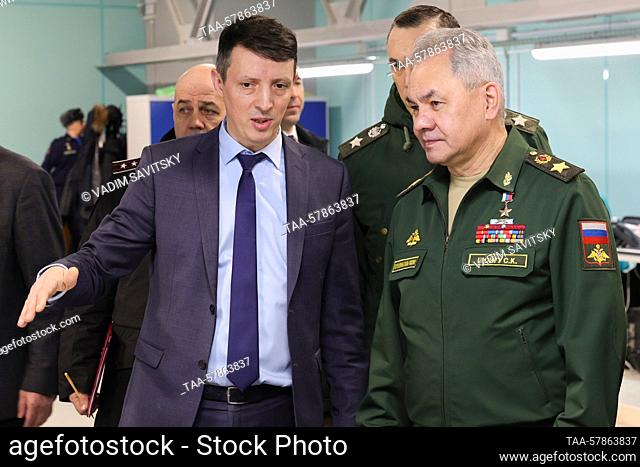 RUSSIA, MOSCOW REGION - MARCH 14, 2023: Russia's Defence Minister Sergei Shoigu inspects the implementation of the State Defense Order at a facility of Tactical...