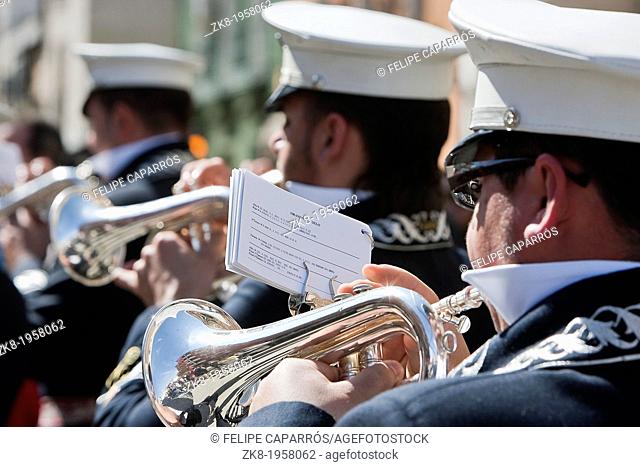 Brass band musicians, Palm Sunday, this band wears the uniform of Captain of Squad of the Royal escort of Alfonso XIII, Linares, Jaen province, Spain