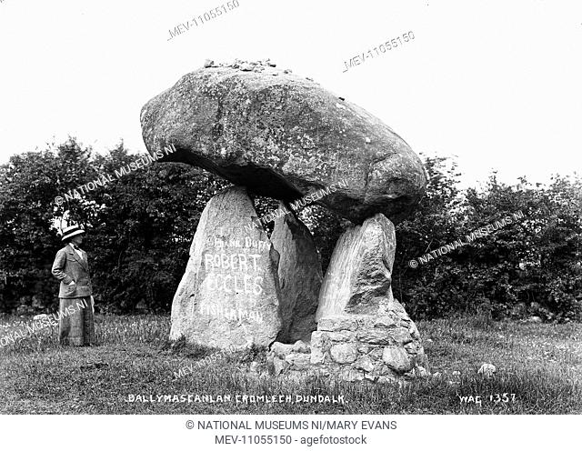 Ballymascanlan, Cromlech, Dundalk - a view of a Dolmen with lady standing to the left. (Location: Republic of Ireland: County Louth; Ireland: Dundalk)