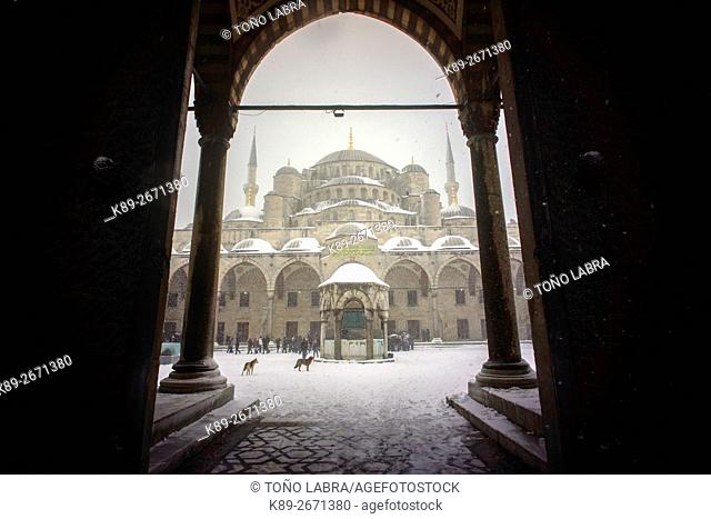 Sultan Ahmed Mosque (Blue Mosque) under the snow. Istanbul. Turkey