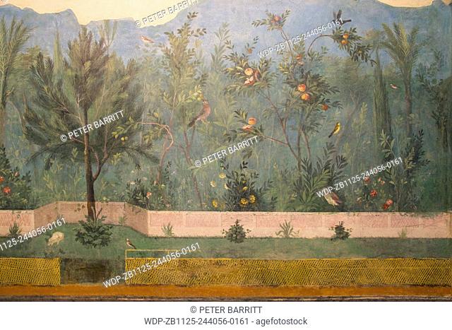 Painted Garden of the Villa of Livia, 20-30 BC, with birds and apple trees, Palazzo Massimo alle Terme, National Museum of Rome, Italy