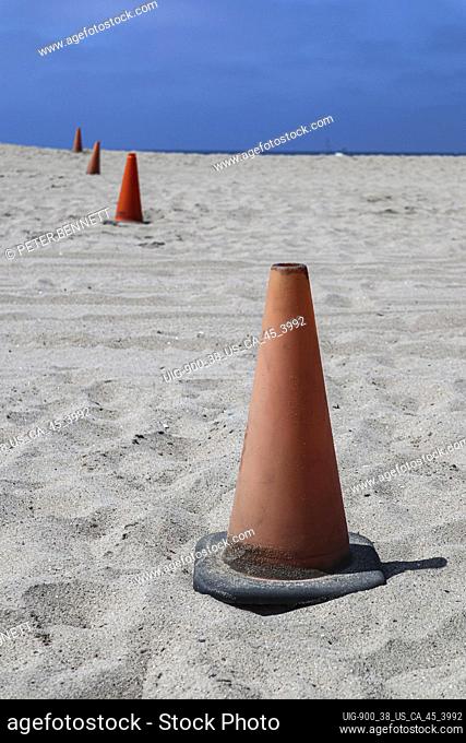 Traffic cones on beach, Playa Del Rey, Los Angeles, Calilfornia, USA