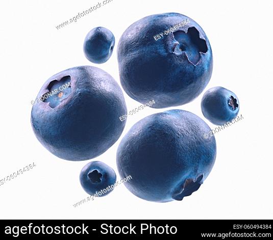 Ripe blueberries levitate on a white background