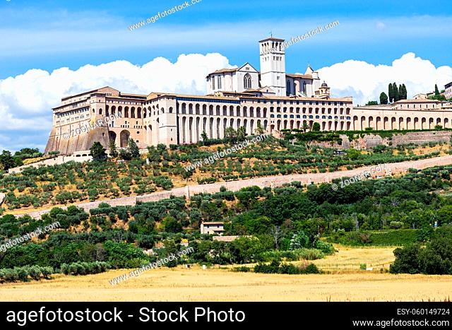 Assisi village in Umbria region, Italy. The most important Italian St. Francis Basilica (Basilica di San Francesco)
