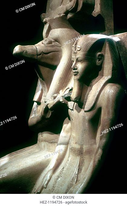 The crocodile-god Sobek (Sebek) with Pharaoh Amenhotep III, Sobek Temple, Dakamsha near Luxor, Egypt, 18th Dynasty. Amenophis III reigned between 1403 BC and...