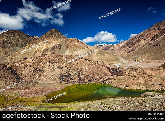 Himalayan landscape with mountain lake in Himalayas along Manali-Leh highway. Himachal Pradesh, India, Asia
