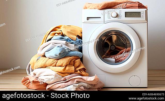 Stack of colorful clothes. Pile of clothing on table empty space background. Laundry and household by the washing machine in clean white room