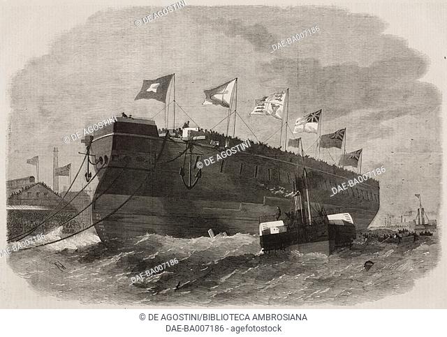 Launch of HMS Minotaur, 50 guns, Thames Iron Shipbuilding Company, Blackwall, United Kingdom, illustration from the magazine The Illustrated London News
