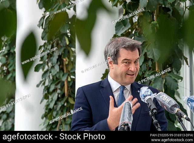 05 February 2021, Bavaria, Munich: Markus Söder (CSU), Minister-President of Bavaria, makes a statement after a video conference with France's President...