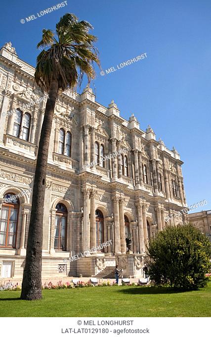 The Dolmabahce Palace is a large Ottoman palace in neo-Baroque style set in parkland on the Europe shore of the Bosphorous