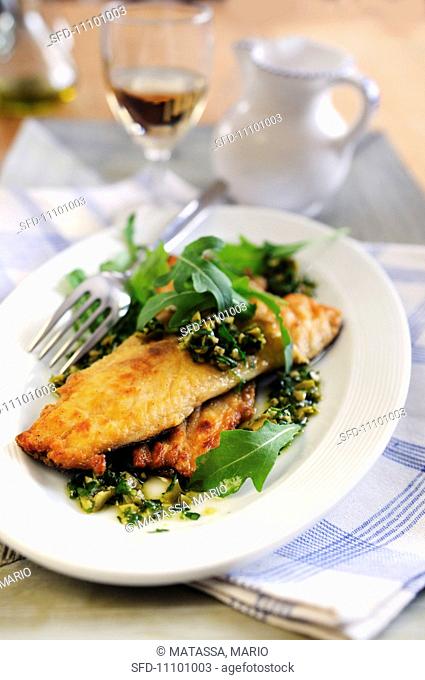 Trout filets with green olive and caper pesto