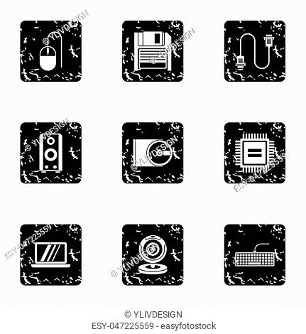 Computer icons set. Grunge illustration of 9 computer icons for web