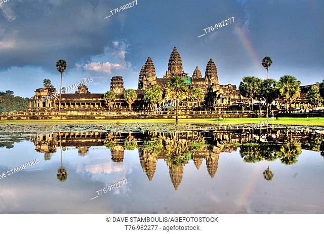 rainbow over the beautiful temple of Angkor Wat in Cambodia