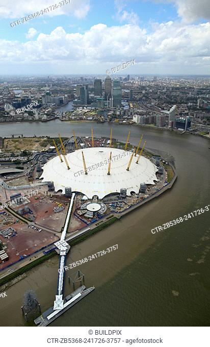 Millennium Dome on the Greenwich Peninsula and Canary Wharf, London Docklands, UK