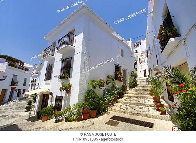 Frigiliana, Malaga, Andalusia, city, flowers, pueblo, Spain, Europe, steep, steps, street, lane, alley, terrace, touristic, travel, white