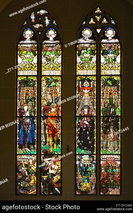 Switzerland, Fribourg, St-Nicholas Cathedral, interior, stained glass windows,