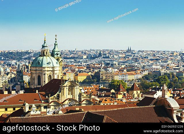 Aerial View Of Cityscape And St. Nicholas Church In Prague, Czech Republic