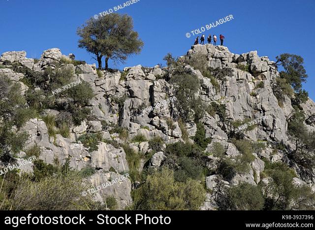 hikers photographing themselves on a peak, Cucuia de Fartaritx, Pollença, Mallorca, Balearic Islands, Spain