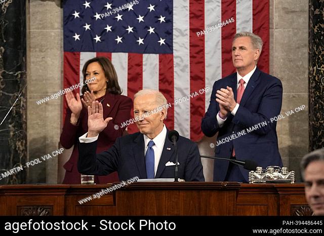 President Joe Biden waves as he delivers the State of the Union address to a joint session of Congress at the U.S. Capitol, Tuesday, Feb