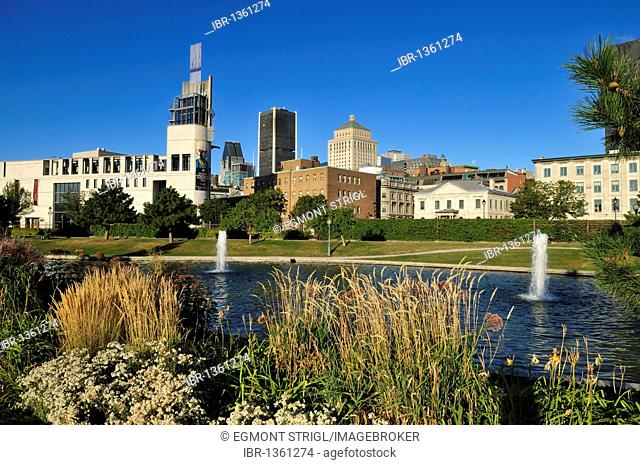 Vieux Port, waterfront park with Pointe a Calliere Museum, Montreal, Quebec, Canada, North America